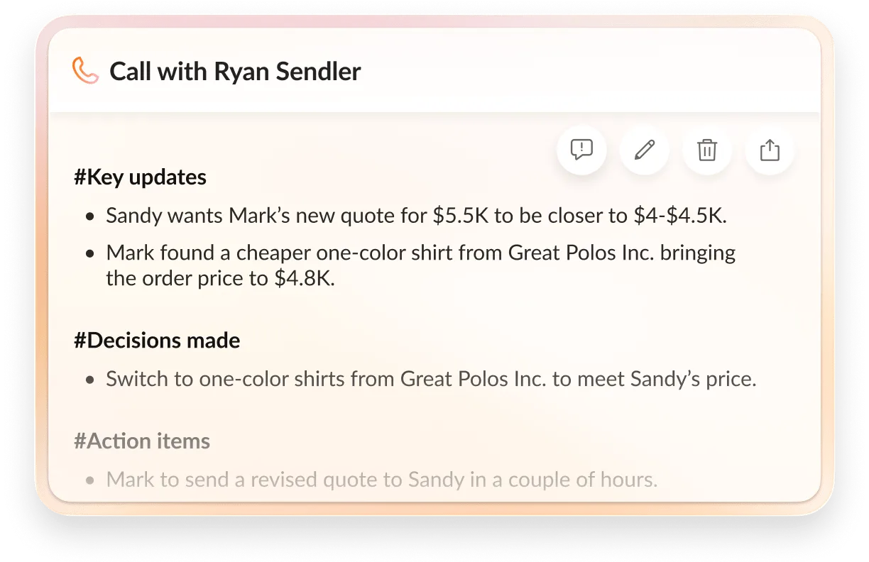 Screenshot of a RingCentral app showing call notes with updates and decisions about shirt pricing and supplier changes.
