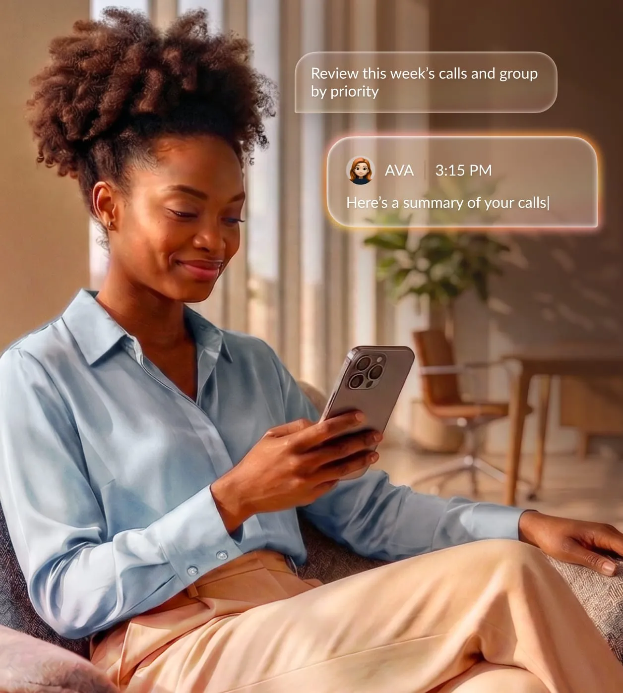 Professional woman reviewing call summary on her smartphone with text messages displayed, showcasing communication efficiency.