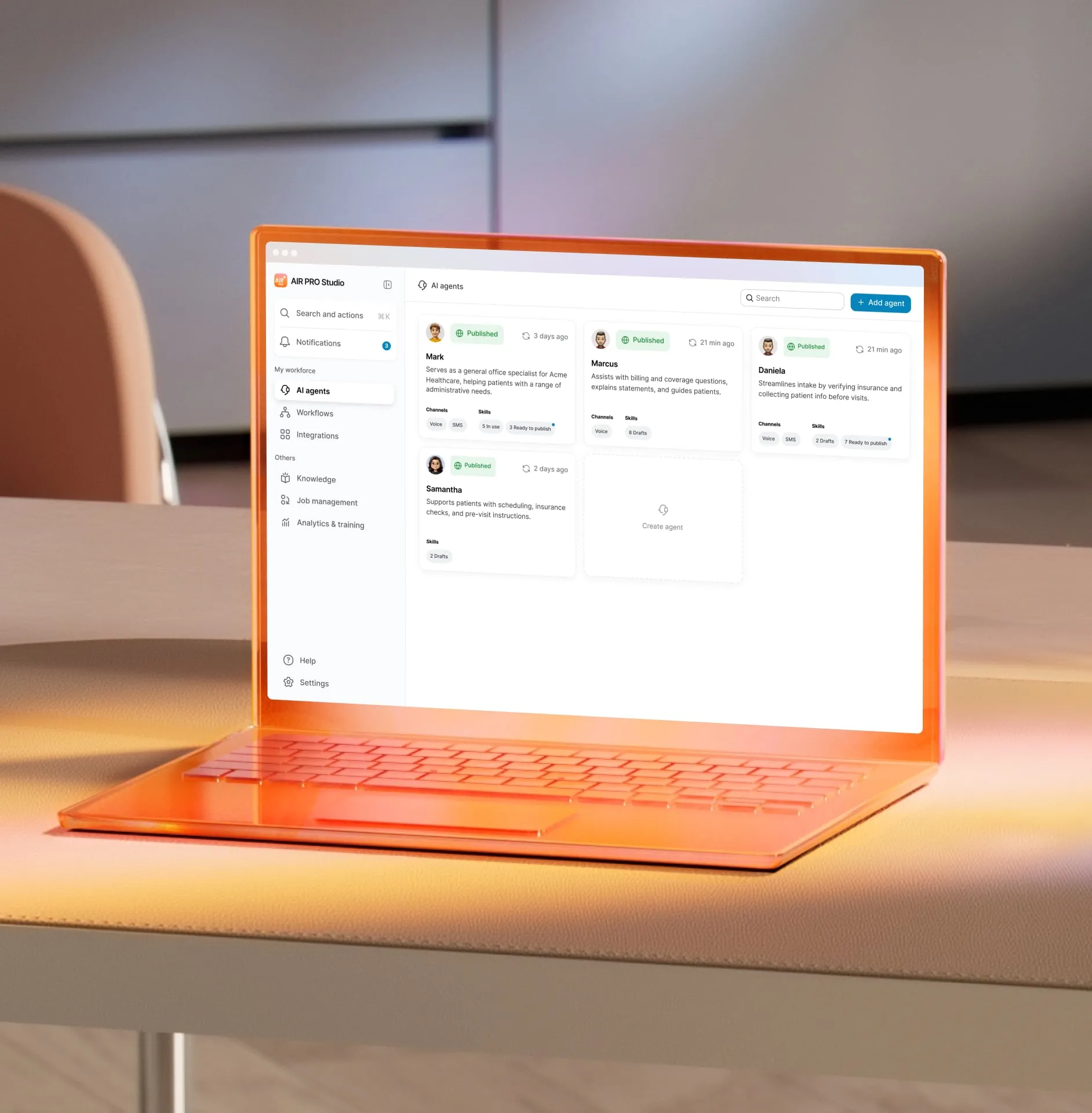 Laptop displaying AI assistant management interface.