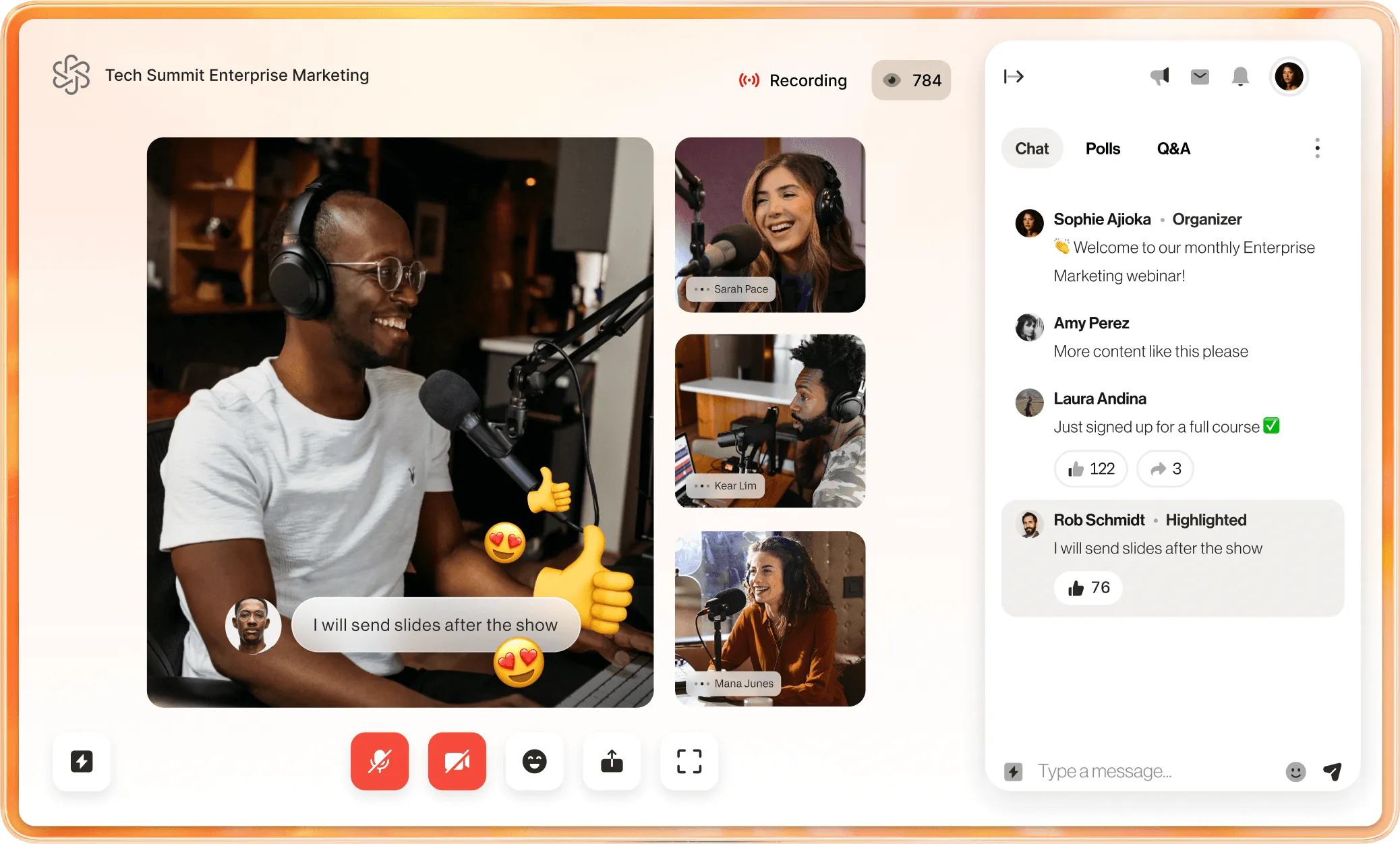 Engagement features of RingCentral Events such as emojis, chat, polls, and Q&A