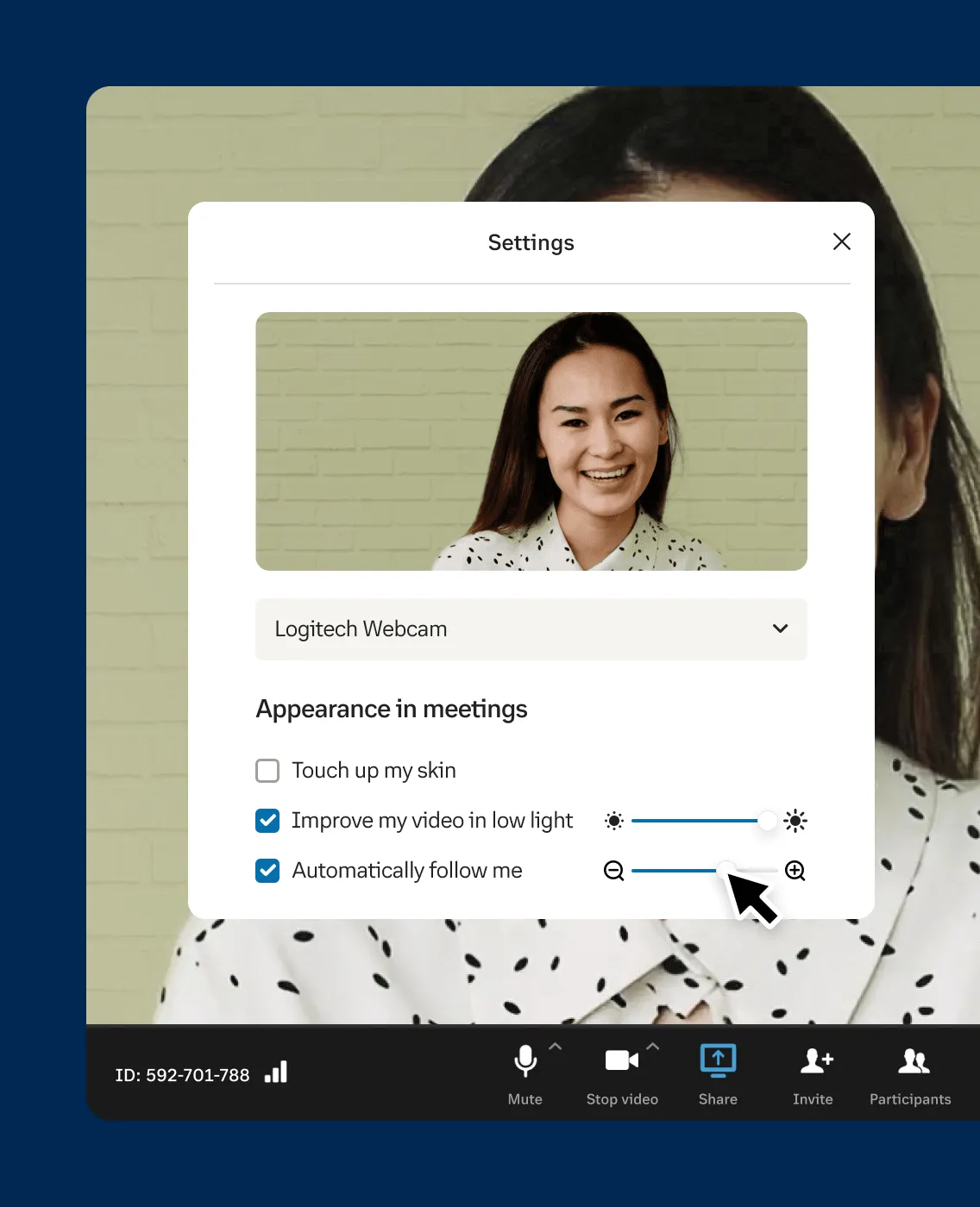 Freelancer uses virtual background and image enhancer during video meetings