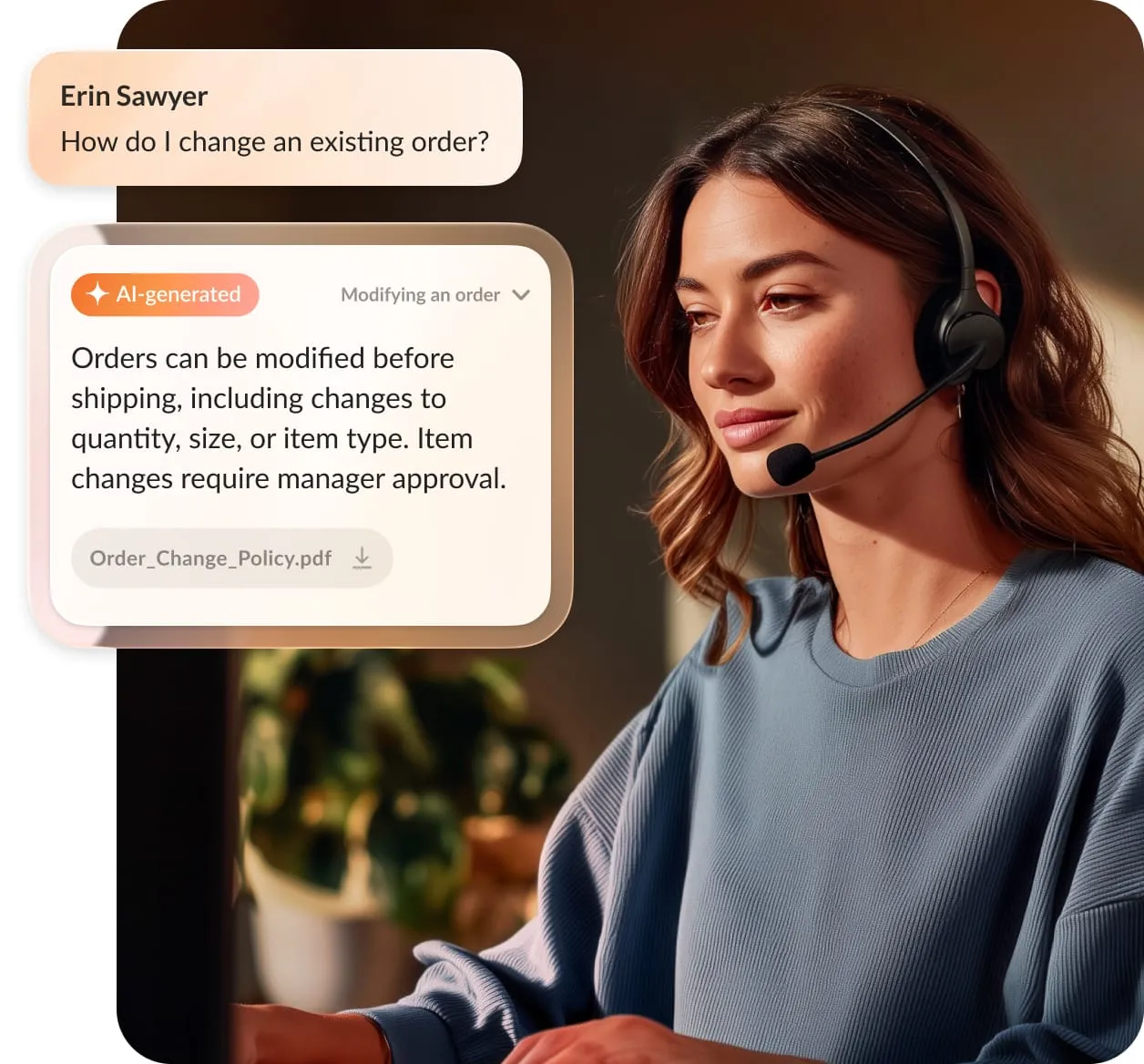 A customer support representative wearing a headset looking at a computer screen with an AI-generated chat overlay showing an order modification policy.