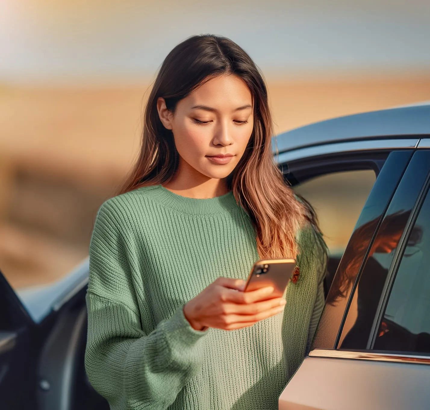 A woman standing by a car using her smartphone to access mobile customer support or check an order status.