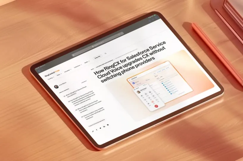 Tablet displaying a RingCentral article about native AI workforce management for the RingCX platform.