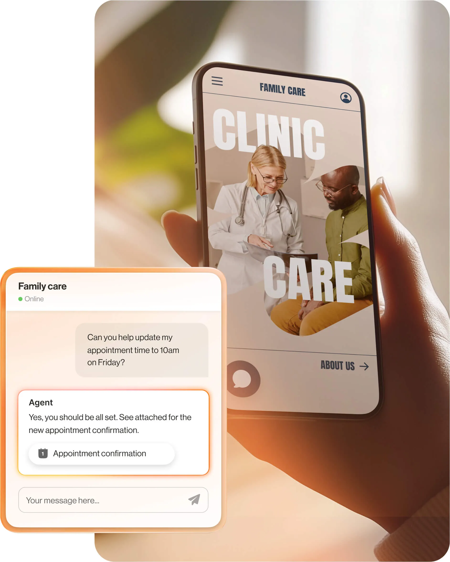 A mobile phone displaying a doctor and their patient and a pop-up window of chatbot support message about appointment confirmation