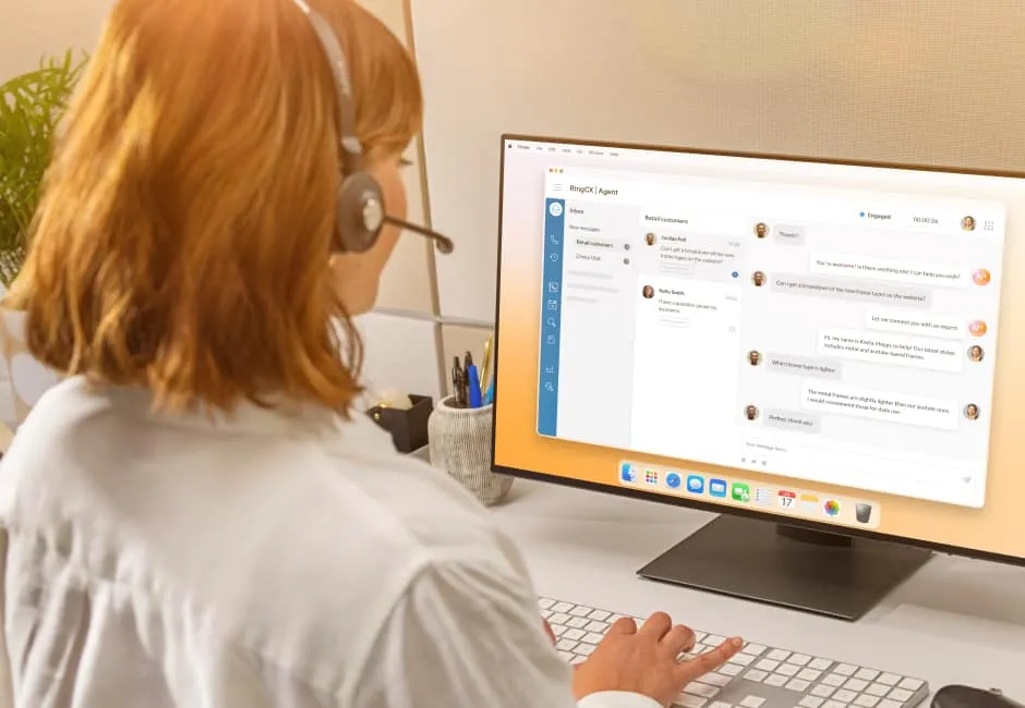 Video still of a notebook on a table with RingCX agent app open.