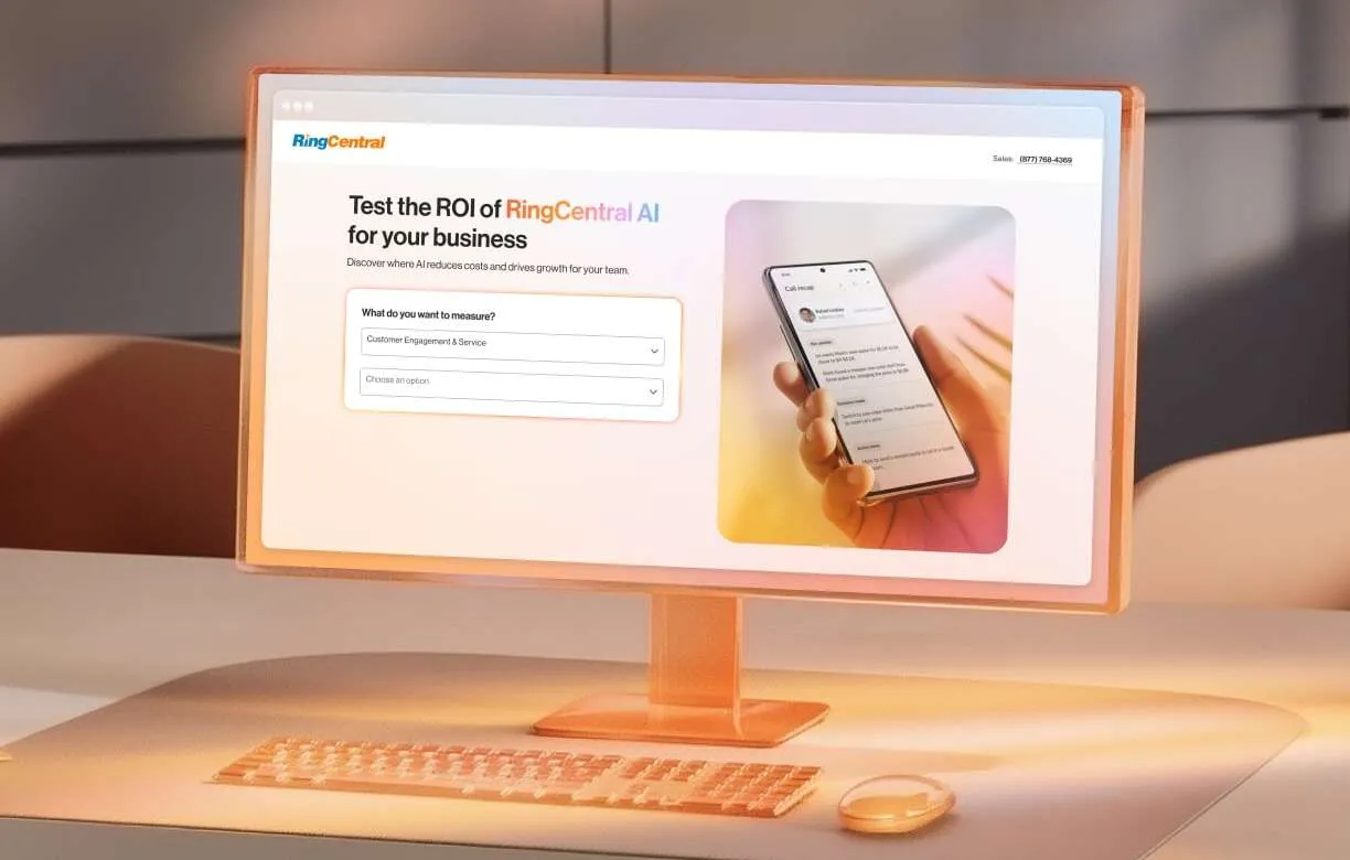 RingCentral webpage promoting AI ROI measurement tools on a desktop screen.