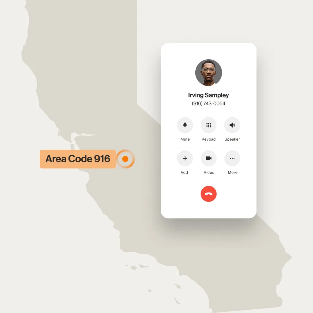 A contact displayed on the RingCentral dialpad over the Sacramento map