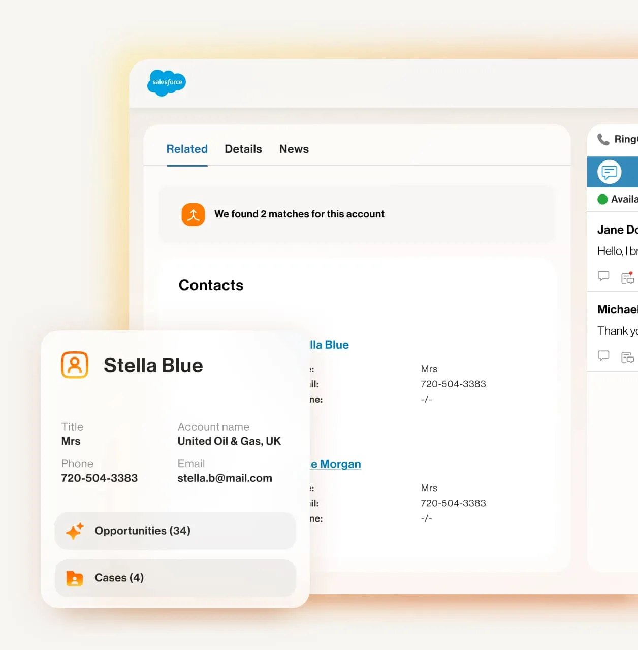 A record of a contact searched via the RingCentral CTI software