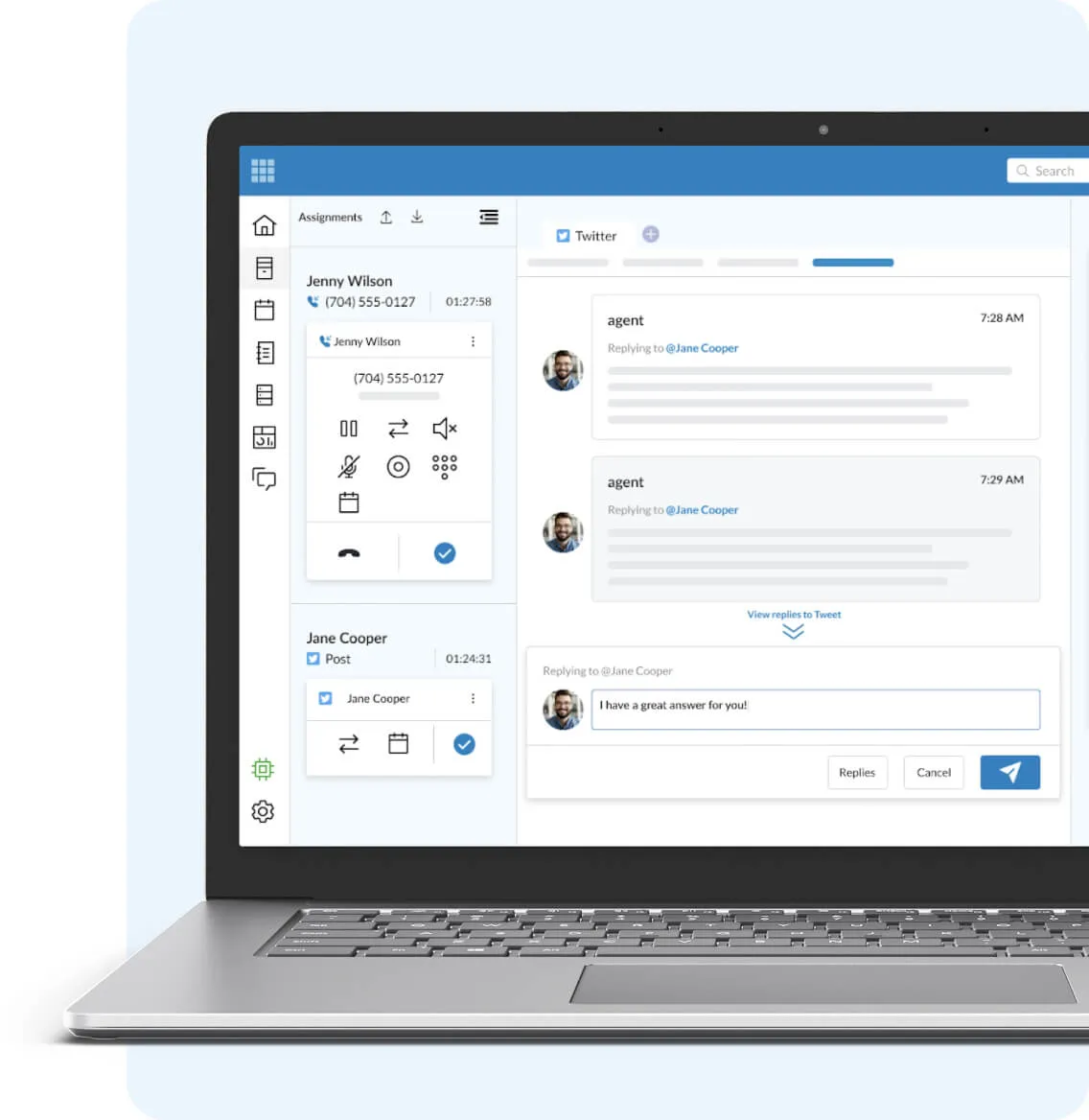 A laptop showing the RingCentral Contact Center interface for agents
