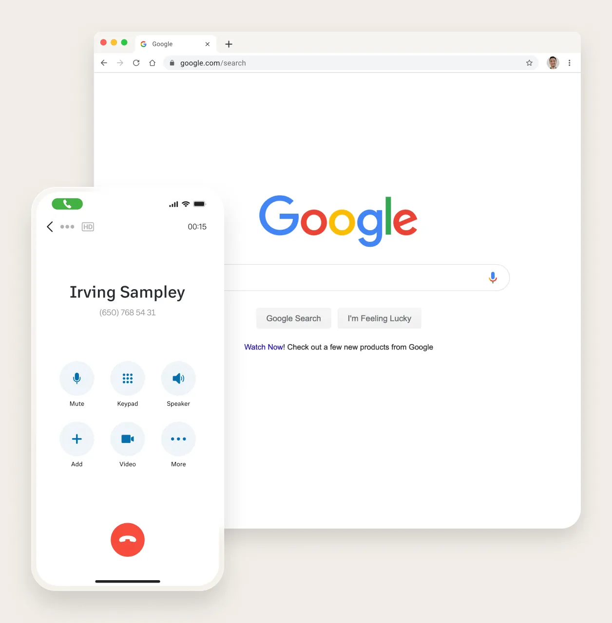 The RingCentral dialpad on top of the Google browser window