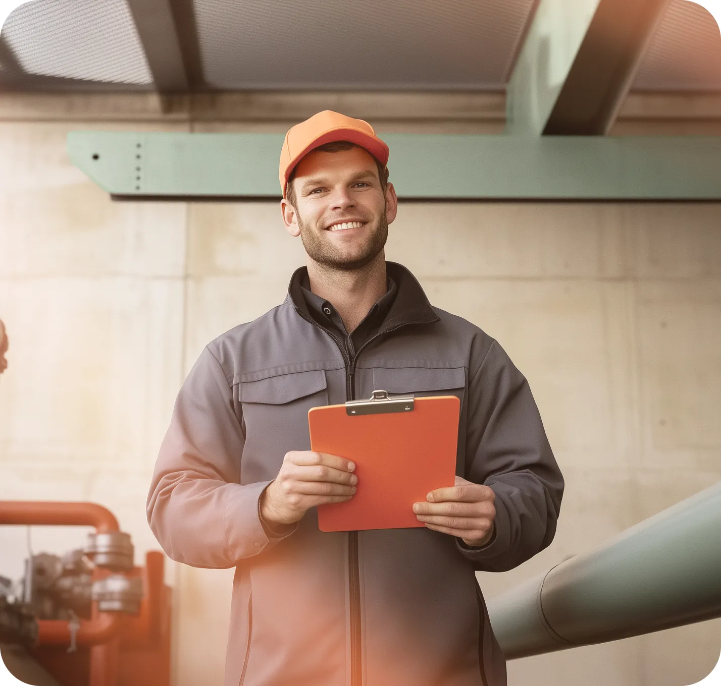 Construction site manager holding a clipboard and smiling as he looks ahead.