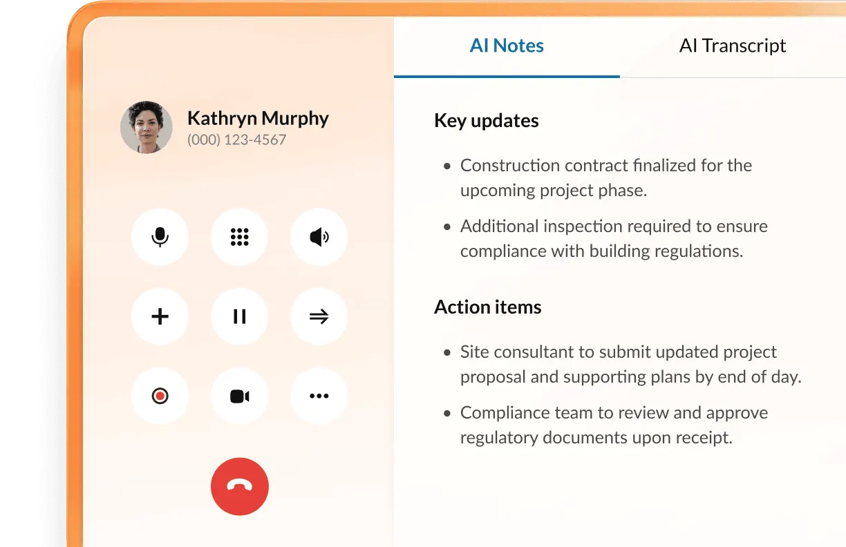 RingCentral AI Notes capturing key points from a meeting about a construction project.