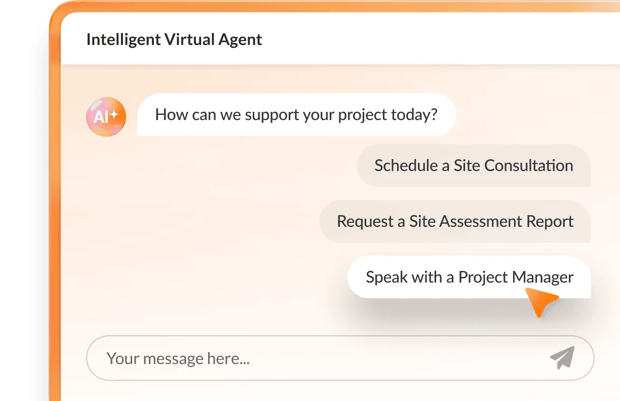 RingCX intelligent virtual agent (IVA) showing construction project coordination prompts.