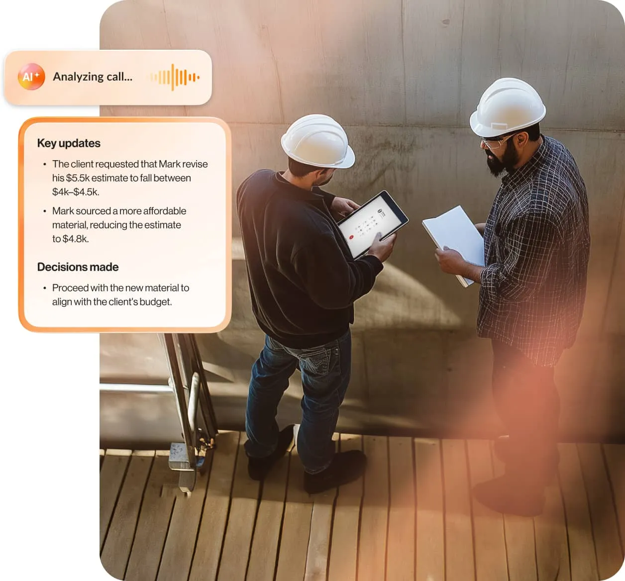 Construction site managers are on a conference call on a tablet with an inset showing AI-powered call summary