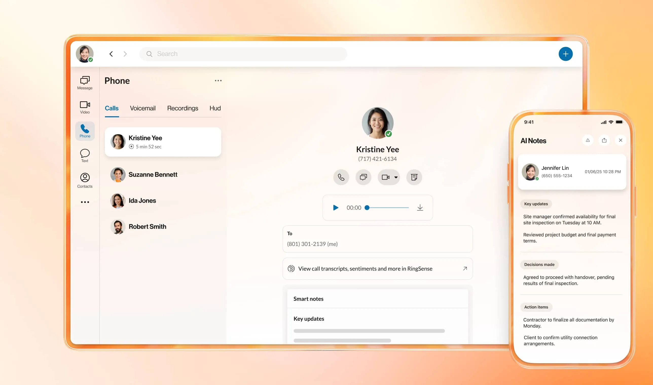 AI Notes feature in the RingCentral app capturing key points from a video meeting on cloud-based logistics management.
