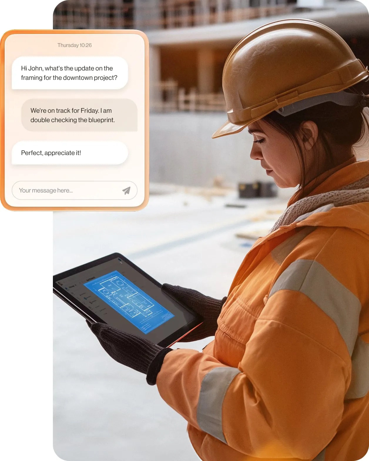 Construction manager is reviewing blueprints on a tablet device with an inset of a message exchange