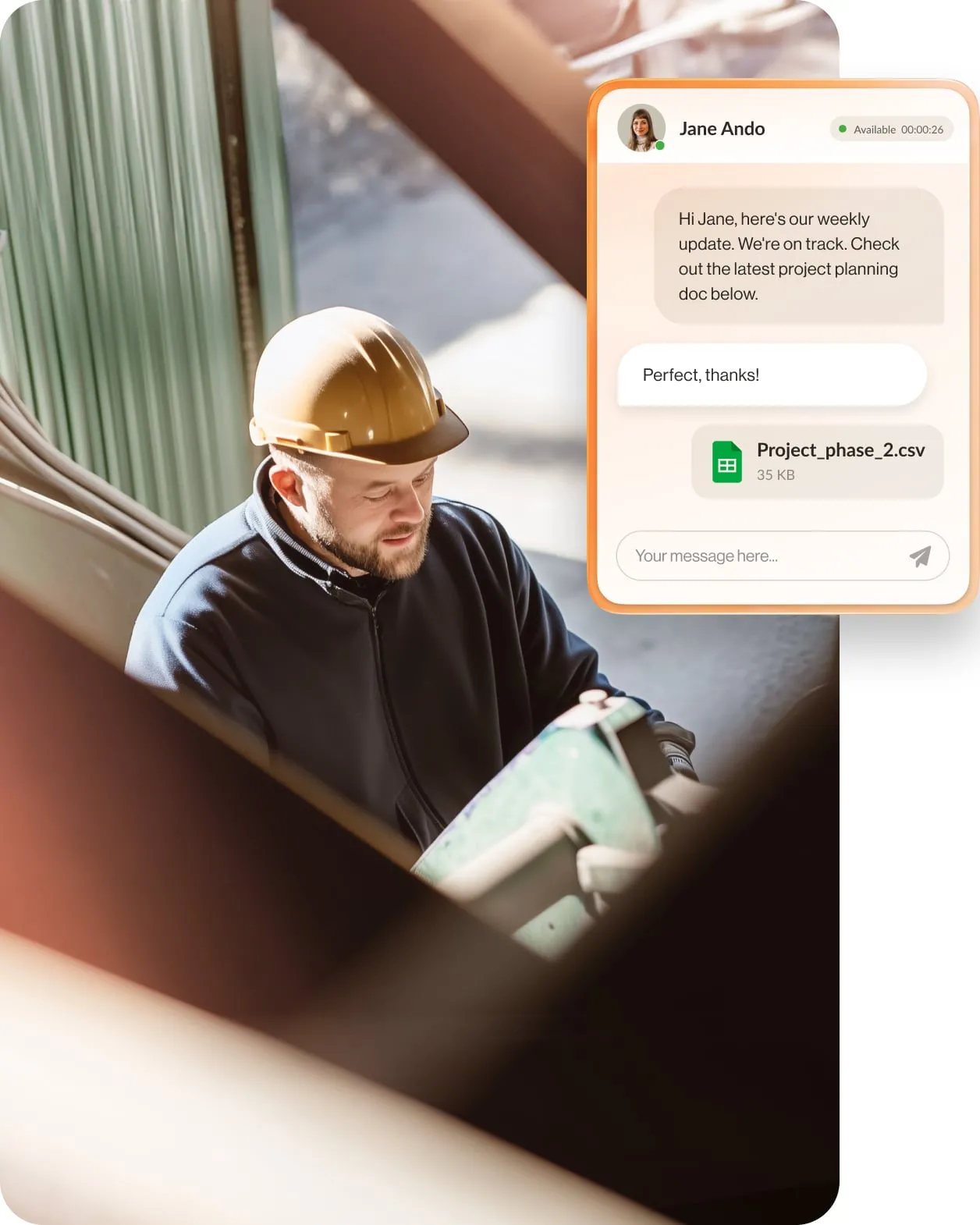 Construction project manager sharing a tracking document via the RingCentral app