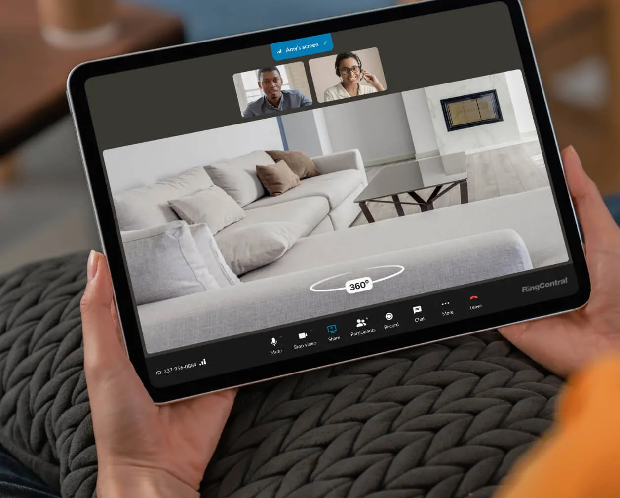 An ongoing house tour viewed from the tablet powered by the RingCentral app with inserts of a list of perks with the use RingCentral App for real estate
