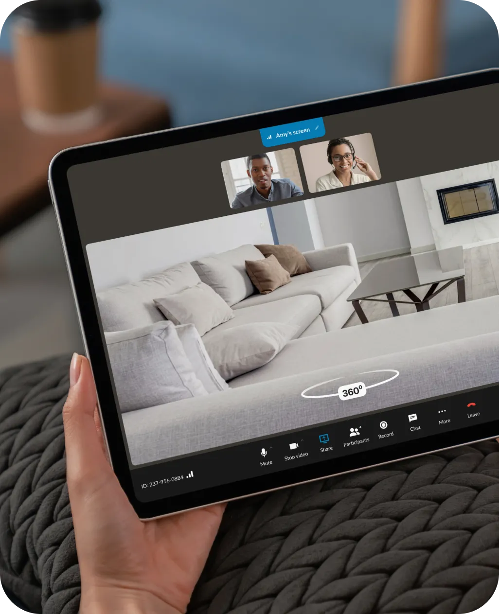 An ongoing house tour viewed from the tablet powered by the RingCentral app with inserts of a list of perks with the use RingCentral App for real estate