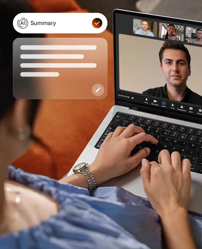 An AI-powered RingCentral video meeting with the summary feature enabled on a laptop