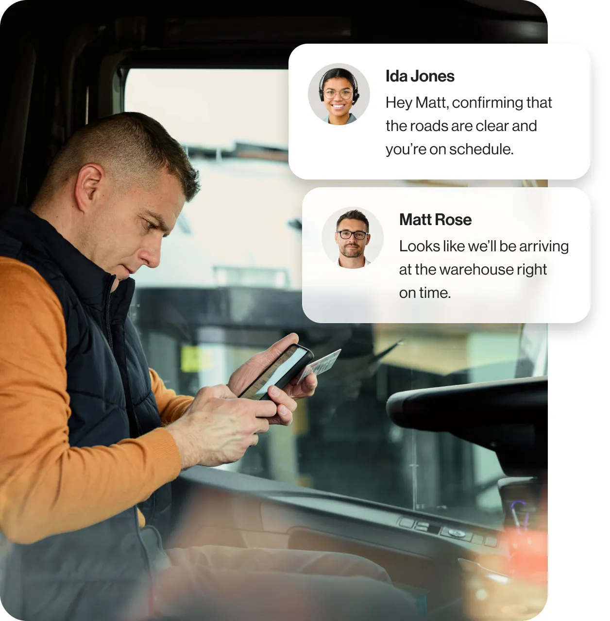 A logistics team communicates status updates via the RingCentral mobile app
