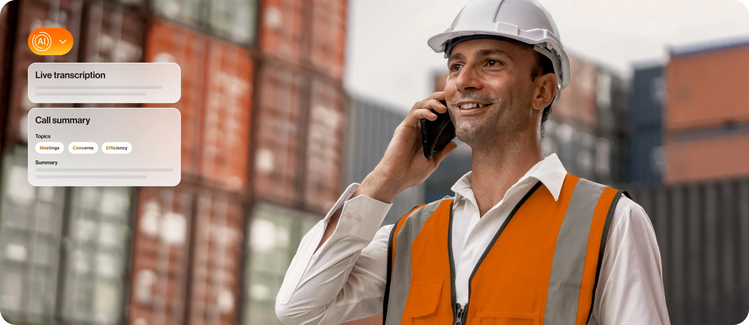 A male logistics officer uses AI features of RingCentral such as call transcription and call summary on an ongoing phone call