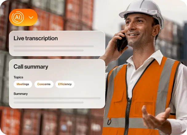 A male logistics officer uses AI features of RingCentral such as call transcription and call summary on an ongoing phone call
