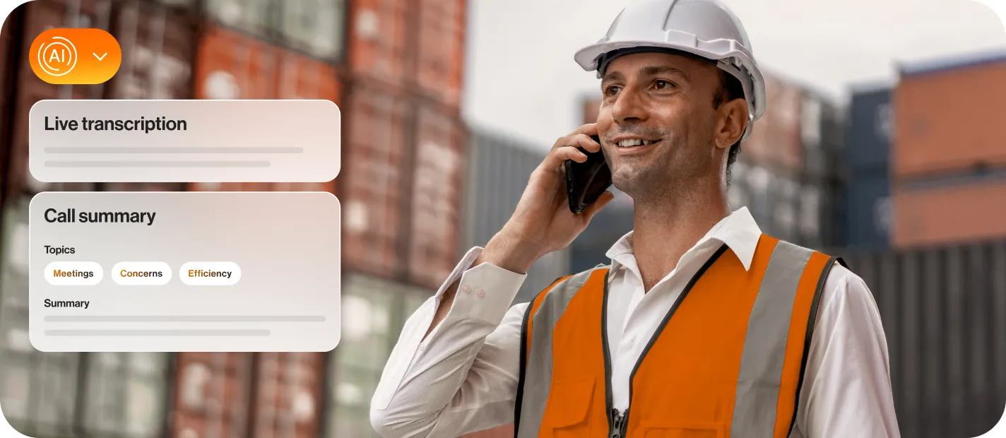 A male logistics officer uses AI features of RingCentral such as call transcription and call summary on an ongoing phone call
