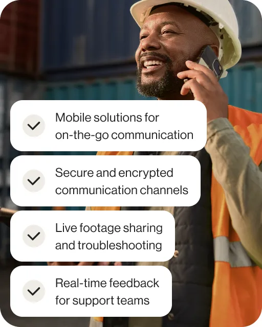 A male freight engineer on a phone call with an insert of a list of benefits of using RingCentral