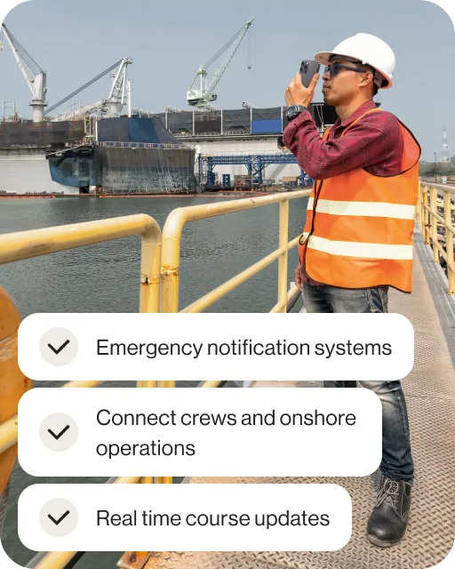 A marine personnel taking a video on a dock and reporting it via the RingCentral app, with an insert of a list of benefits using the RingCentral app