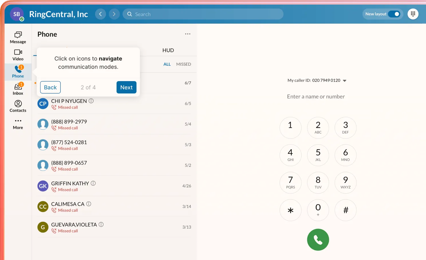 RingCentral phone interface showing missed calls and dial pad.
