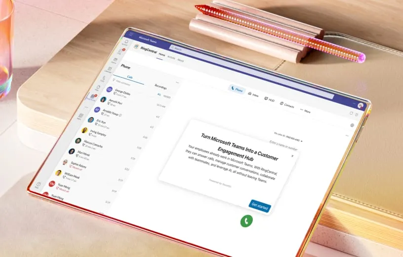 Screenshot of RingCentral integrated with Microsoft Teams on a tablet, showing a phone call interface and customer engagement hub feature.