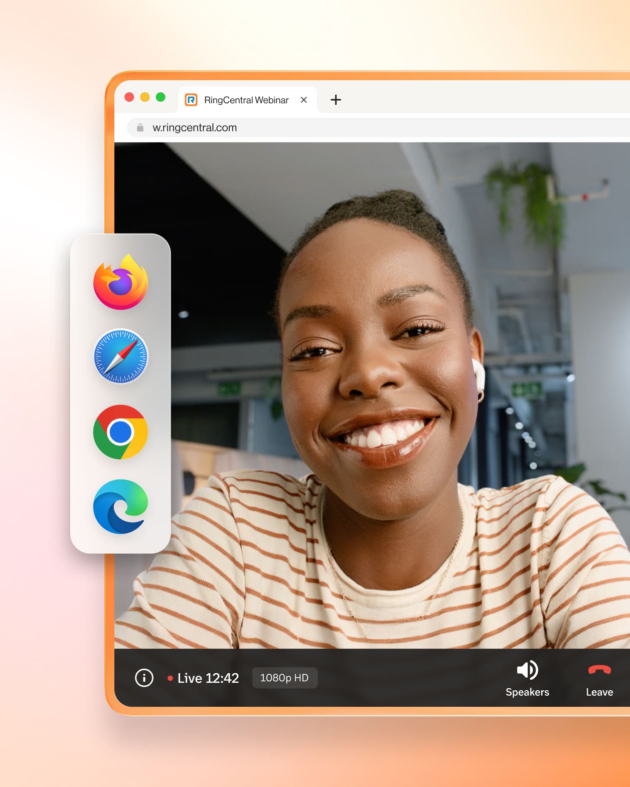 A smiling woman shown on a recorded webinar meeting with an inlay of different browser logos including Firefox, Safari, Google Chrome, and Edge