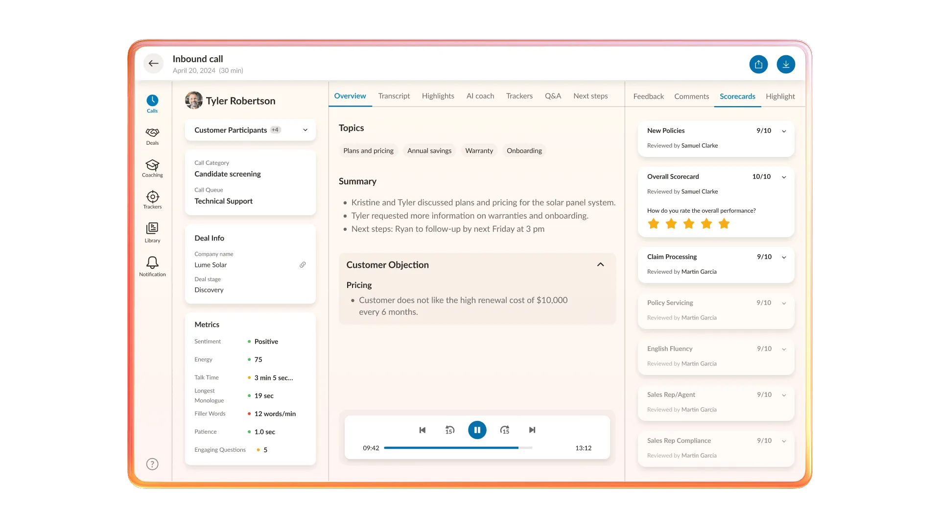 Screenshot of the RingCentral app showing an inbound call interface with customer metrics and scorecards for evaluating performance.