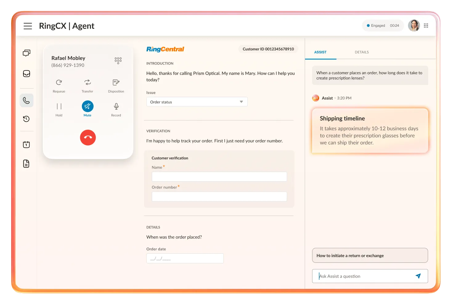 RingCX AI Agent Assist ongoing call.