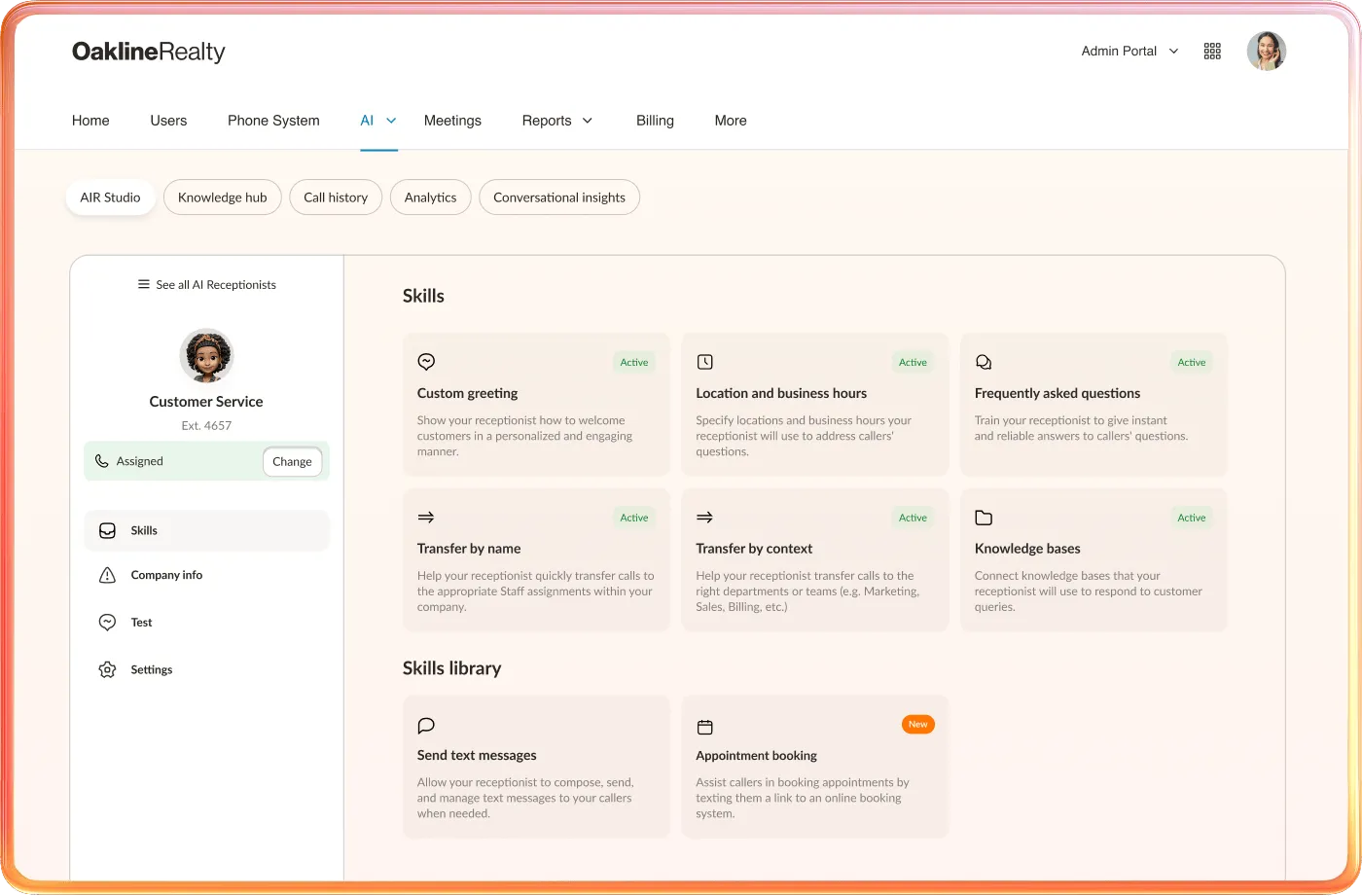 RingEX AI Receptionist dashboard showing skills options.