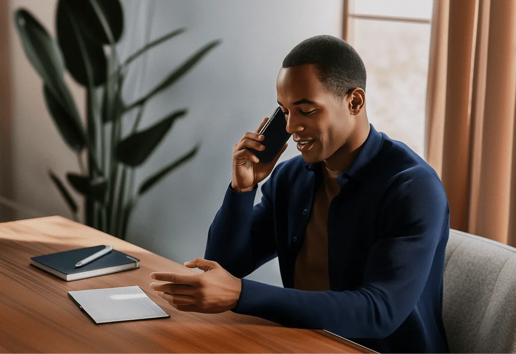 A man sitting at a desk, talking on the phone, with a laptop and paperwork visible in his workspace.