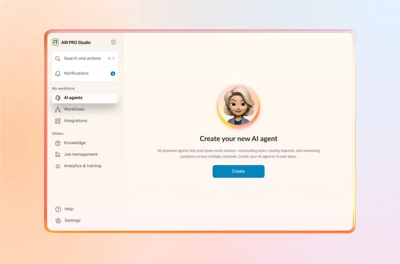Screenshot of AI PRO Studio interface with option to create a new AI agent. Visible sidebar menu includes AI agents, workflows, and integrations.