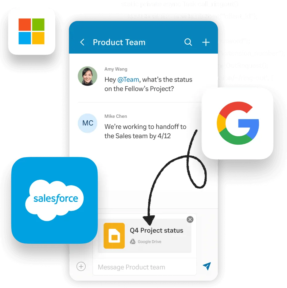 Una captura de pantalla de la aplicación de RingCentral que muestra las integraciones con Microsoft, Google y Salesforce