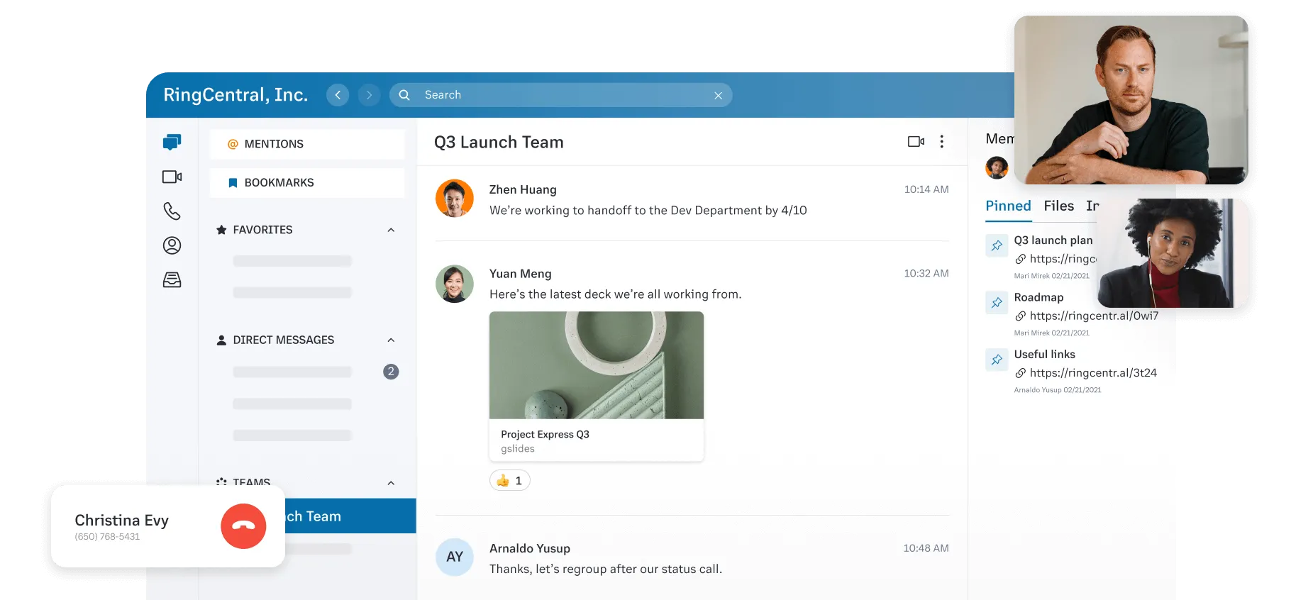 Team members communicating via phone, messaging, and video in one integrated platform